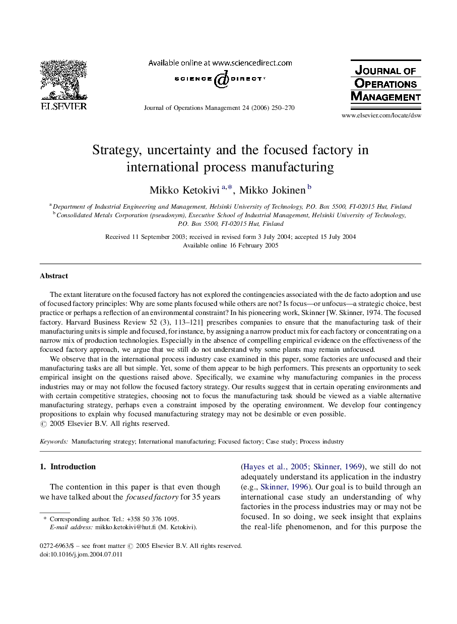 Strategy, uncertainty and the focused factory in international process manufacturing