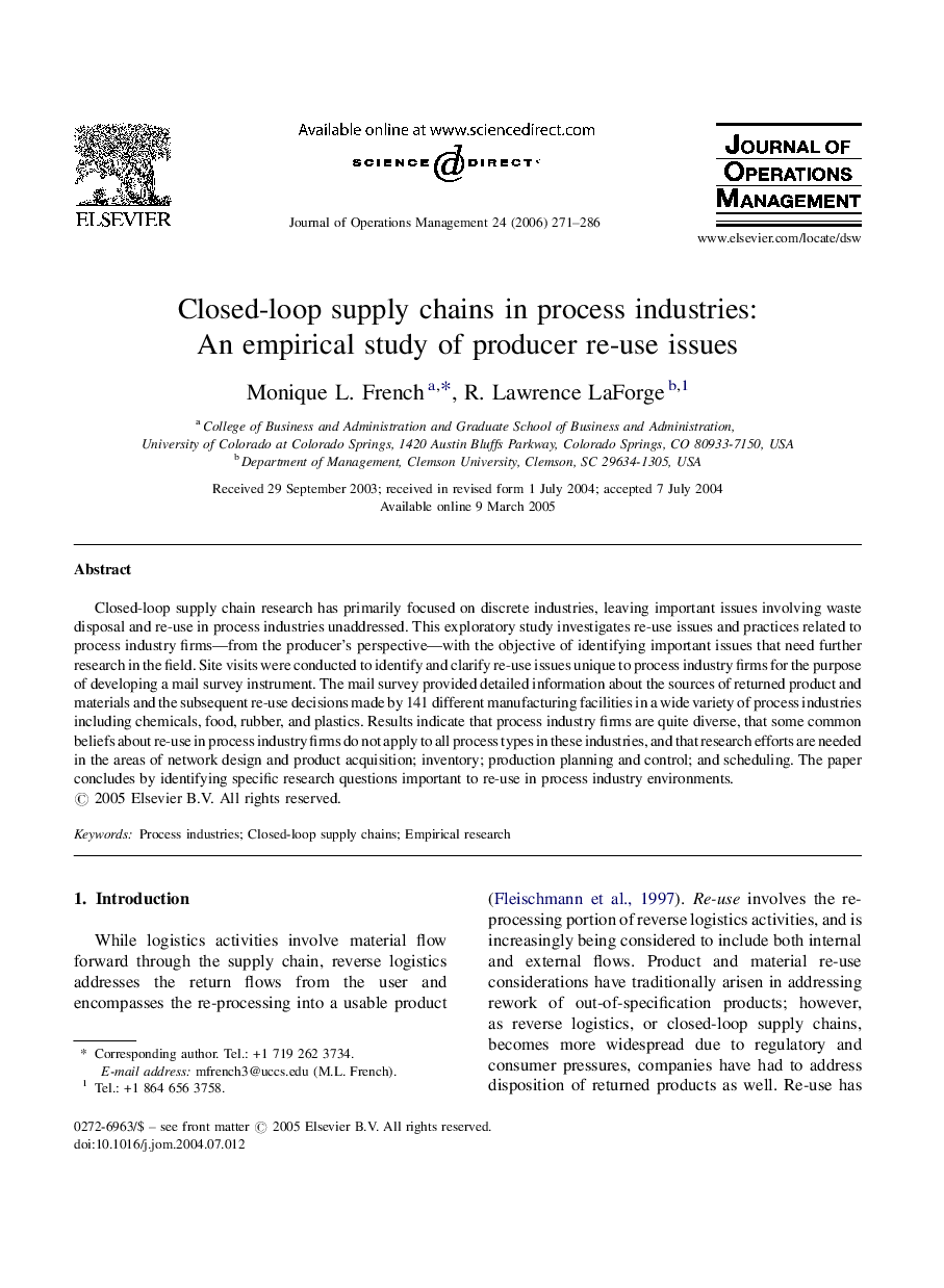 Closed-loop supply chains in process industries: An empirical study of producer re-use issues