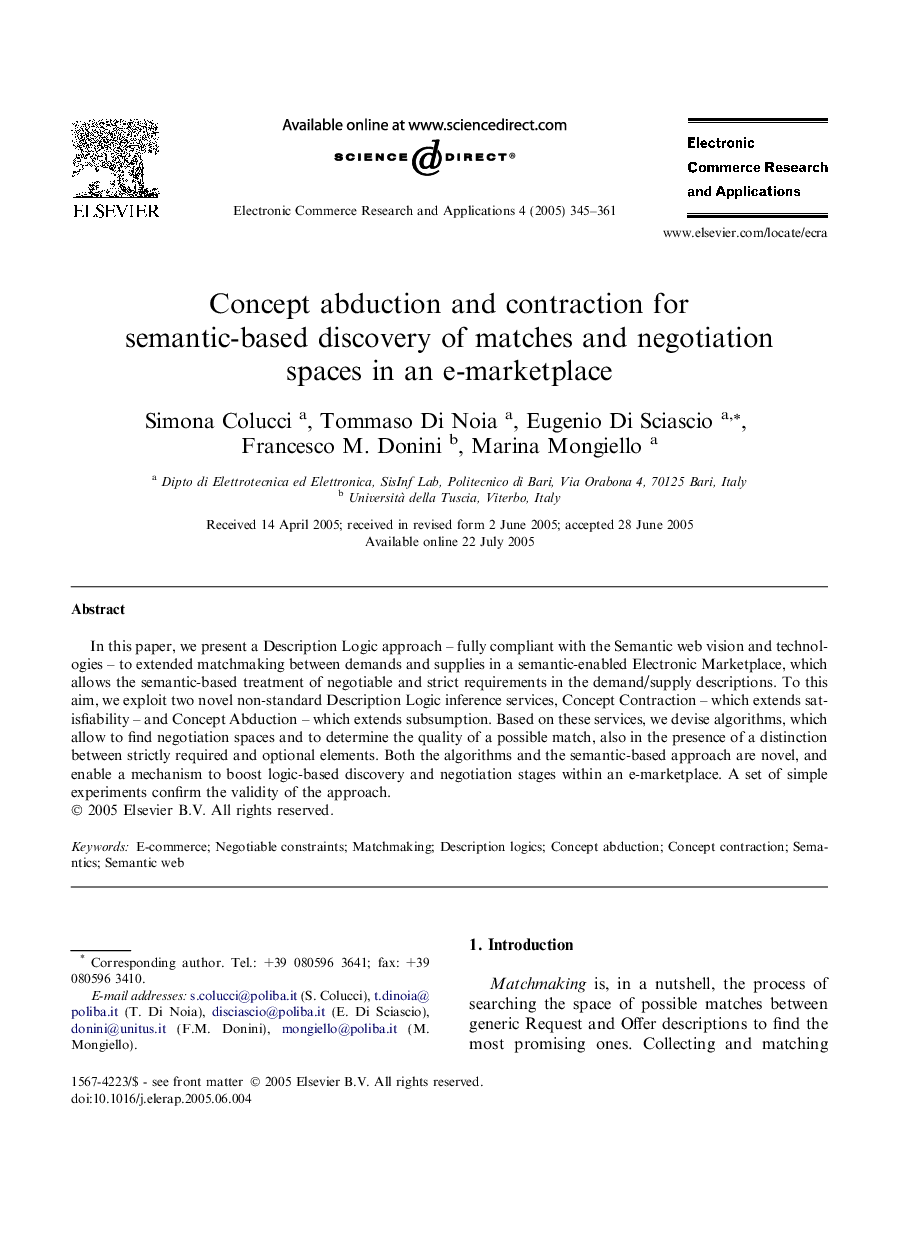 Concept abduction and contraction for semantic-based discovery of matches and negotiation spaces in an e-marketplace