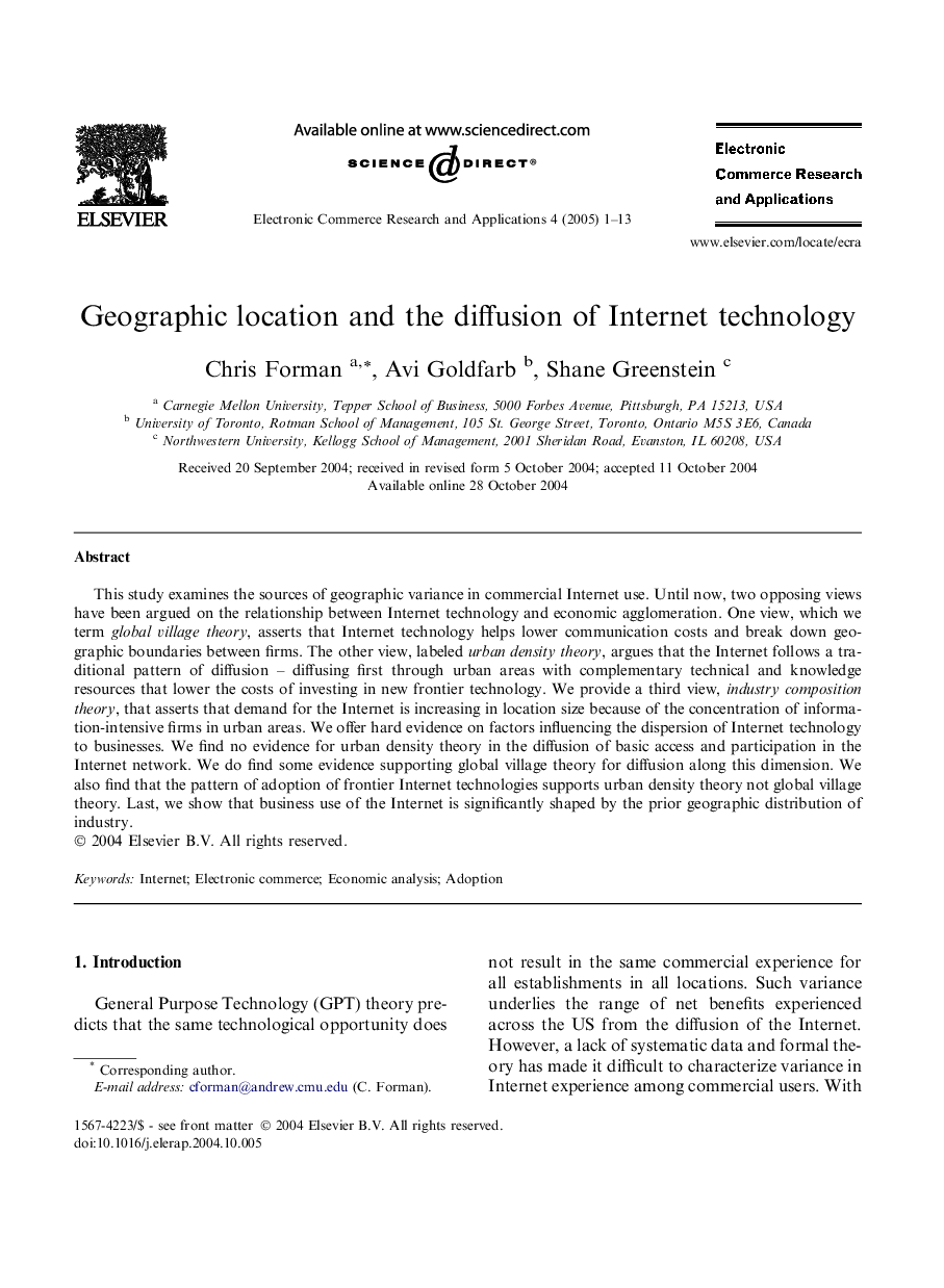 Geographic location and the diffusion of Internet technology