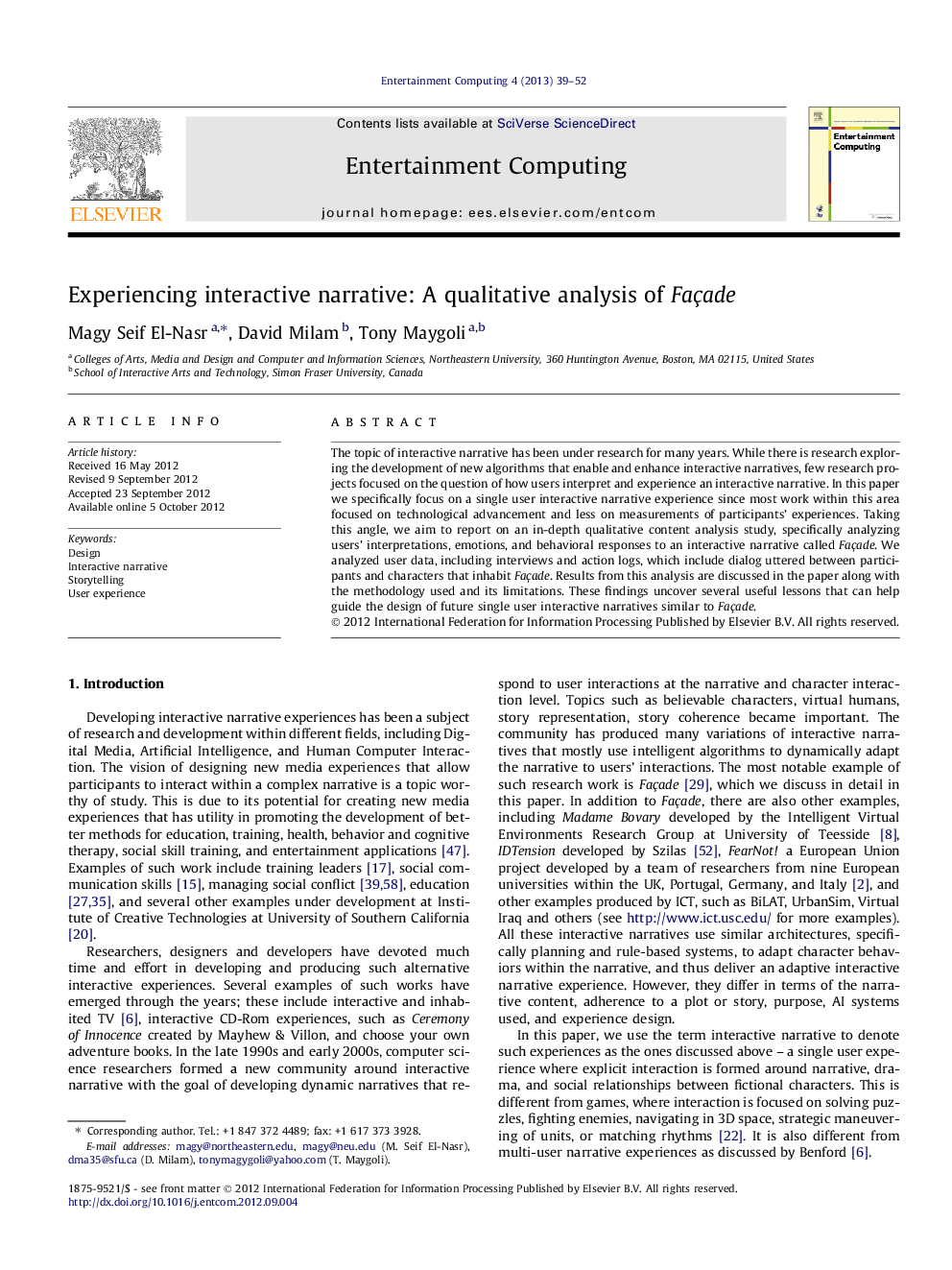 Experiencing interactive narrative: A qualitative analysis of Façade