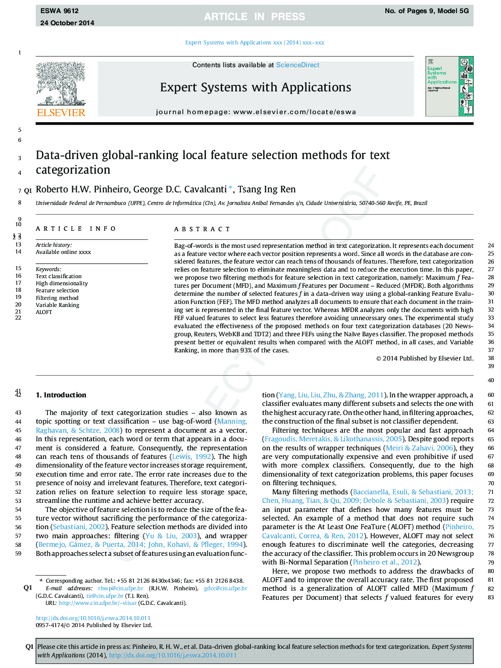 Data-driven global-ranking local feature selection methods for text categorization