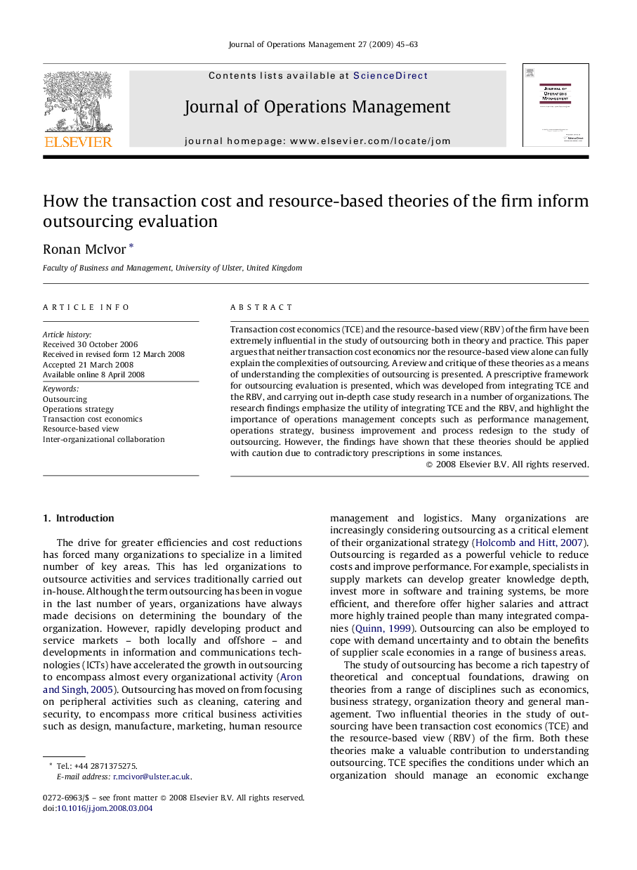 How the transaction cost and resource-based theories of the firm inform outsourcing evaluation