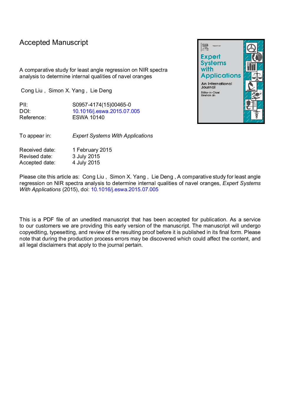 A comparative study for least angle regression on NIR spectra analysis to determine internal qualities of navel oranges