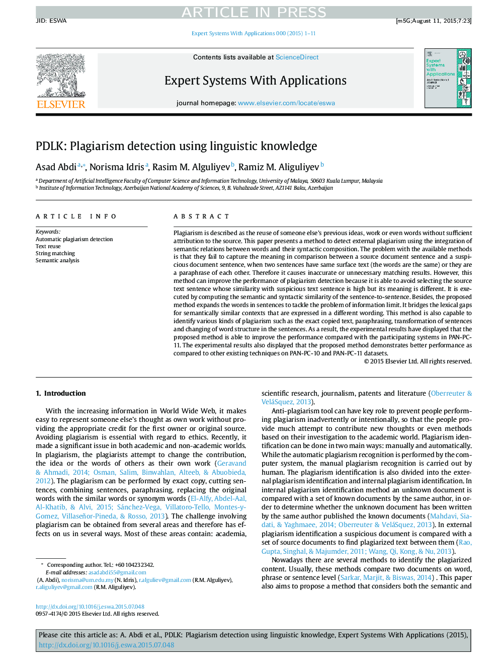 PDLK: Plagiarism detection using linguistic knowledge
