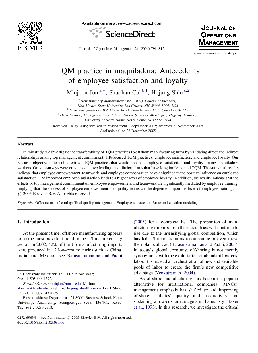 TQM practice in maquiladora: Antecedents of employee satisfaction and loyalty