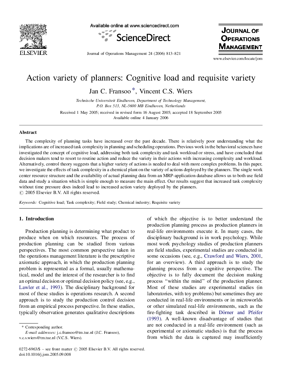 Action variety of planners: Cognitive load and requisite variety