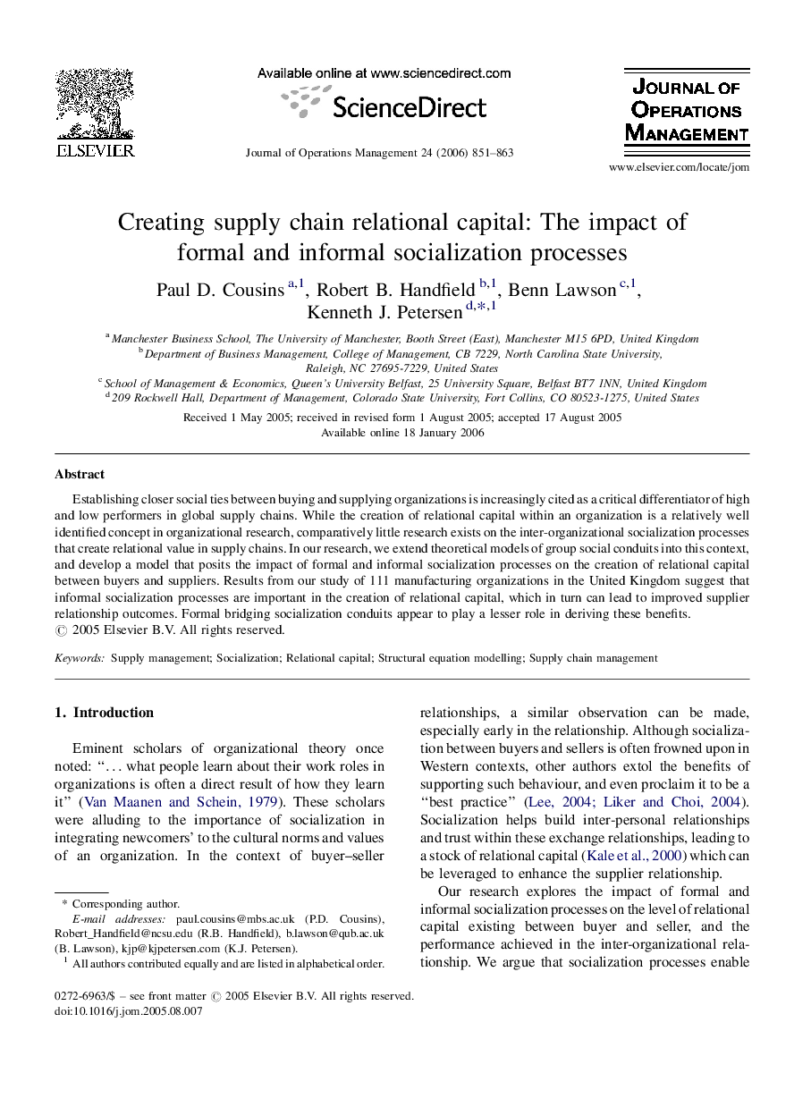 Creating supply chain relational capital: The impact of formal and informal socialization processes