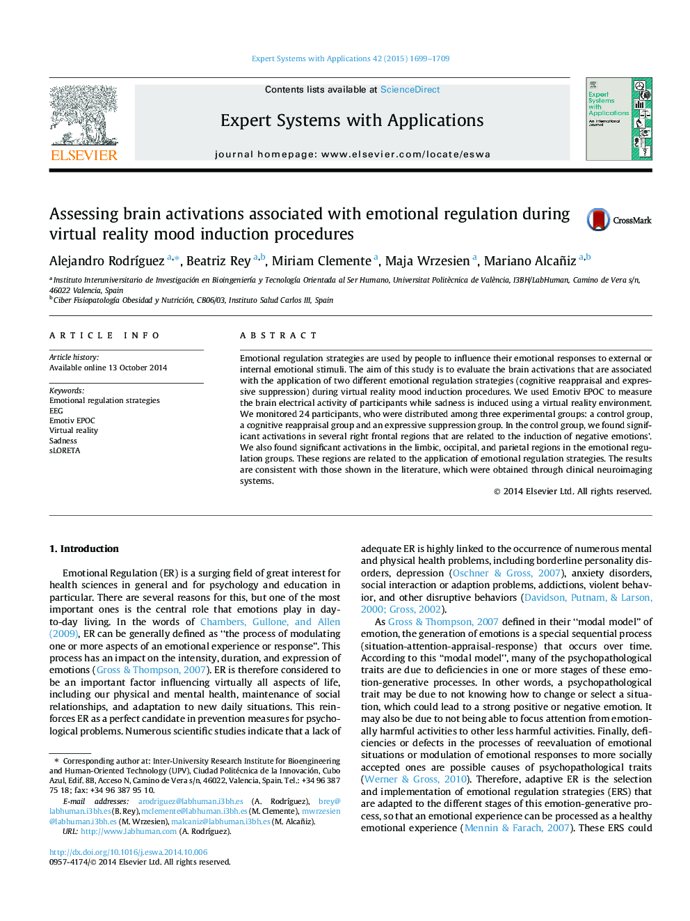 Assessing brain activations associated with emotional regulation during virtual reality mood induction procedures