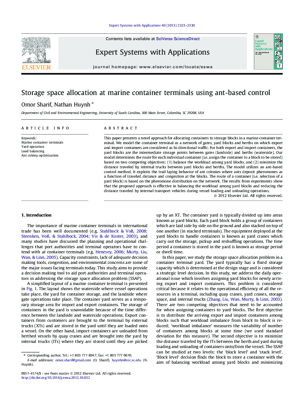 Storage space allocation at marine container terminals using ant-based control