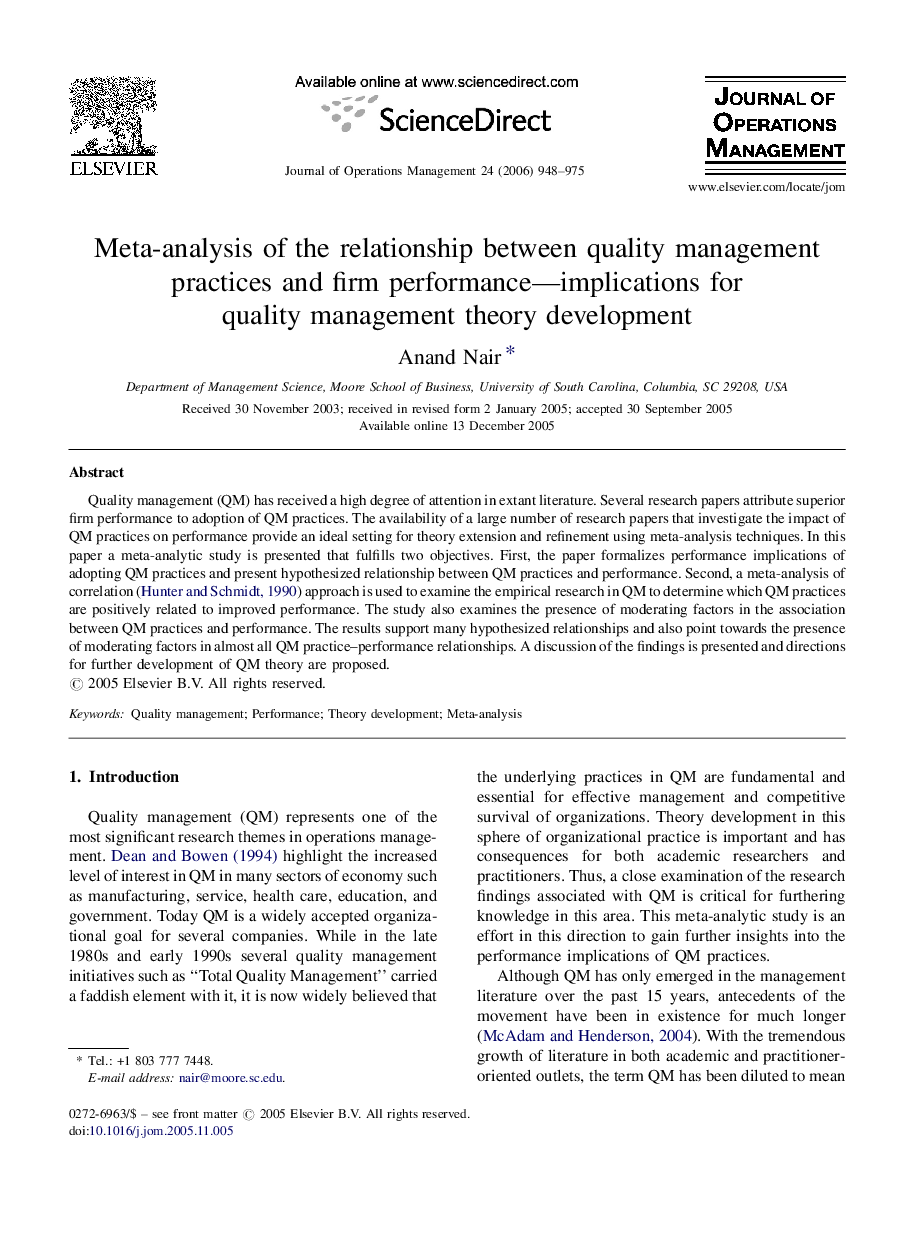 Meta-analysis of the relationship between quality management practices and firm performance—implications for quality management theory development