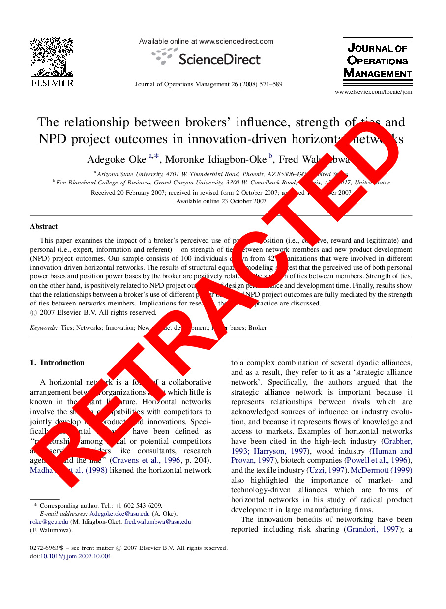 RETRACTED: The relationship between brokers’ influence, strength of ties and NPD project outcomes in innovation-driven horizontal networks