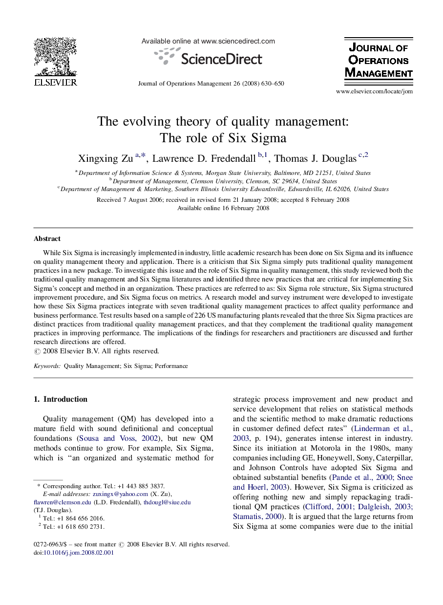 The evolving theory of quality management: The role of Six Sigma