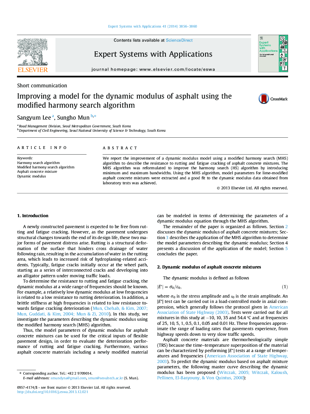 Improving a model for the dynamic modulus of asphalt using the modified harmony search algorithm