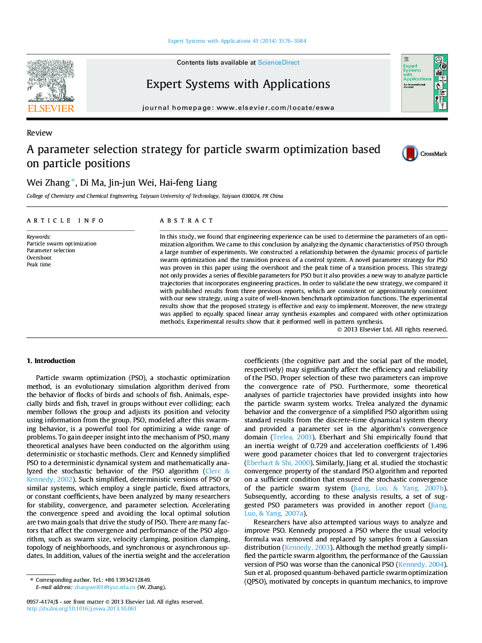 A parameter selection strategy for particle swarm optimization based on particle positions