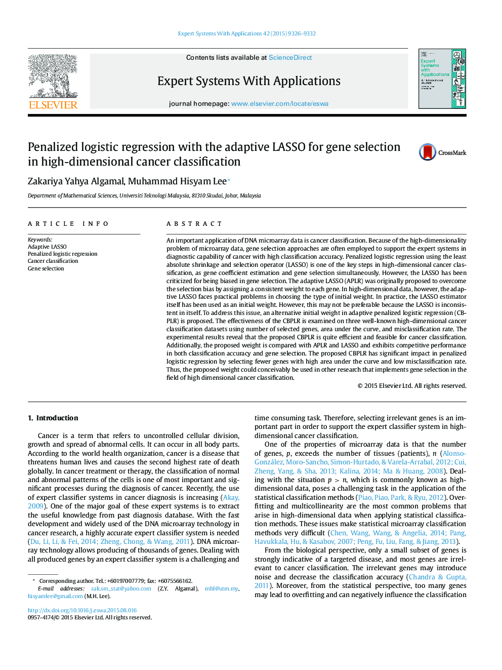 Penalized logistic regression with the adaptive LASSO for gene selection in high-dimensional cancer classification