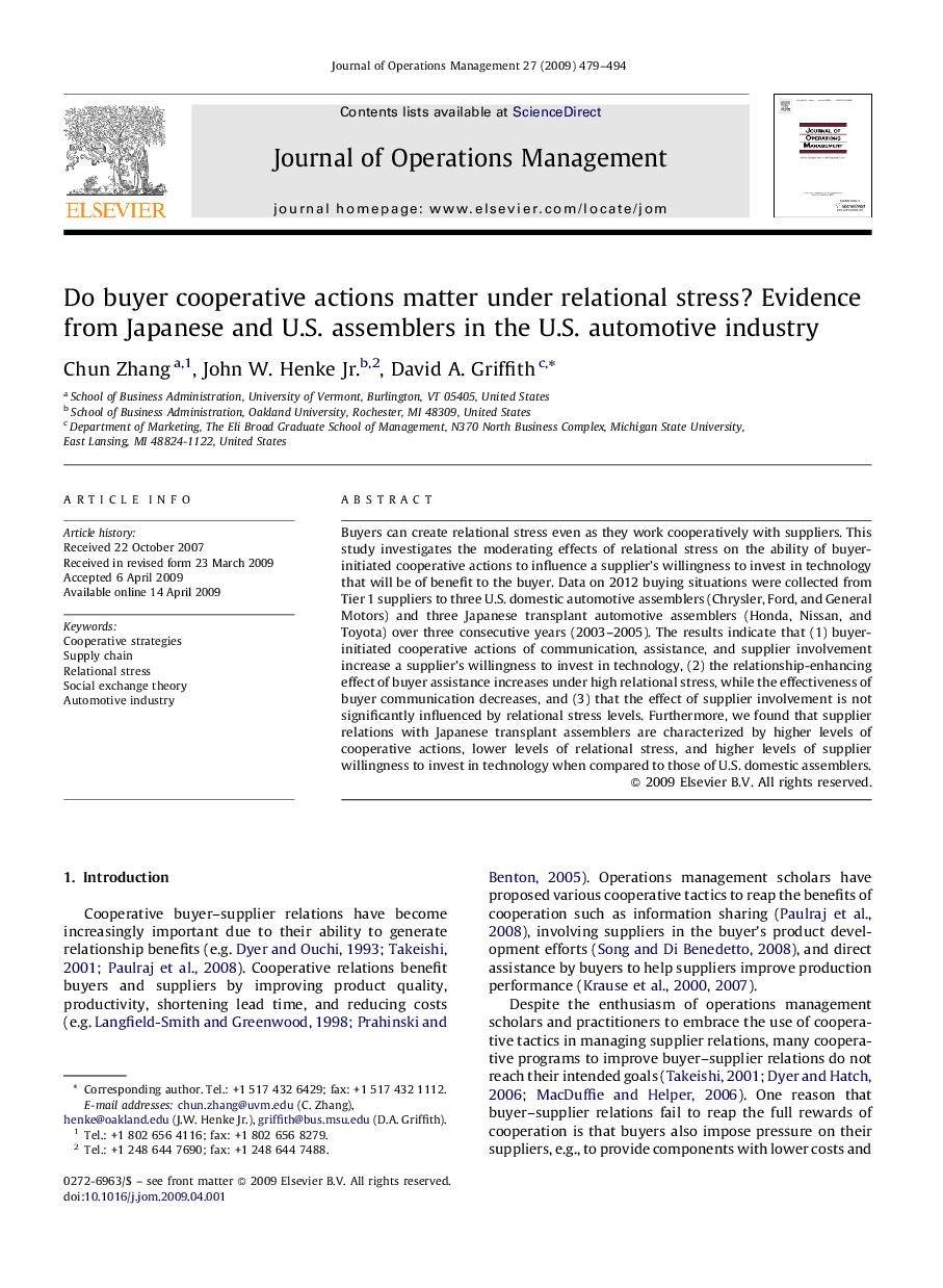 Do buyer cooperative actions matter under relational stress? Evidence from Japanese and U.S. assemblers in the U.S. automotive industry