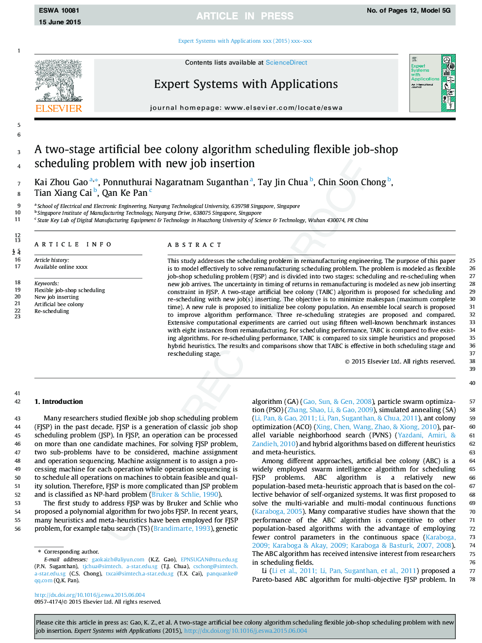 A two-stage artificial bee colony algorithm scheduling flexible job-shop scheduling problem with new job insertion