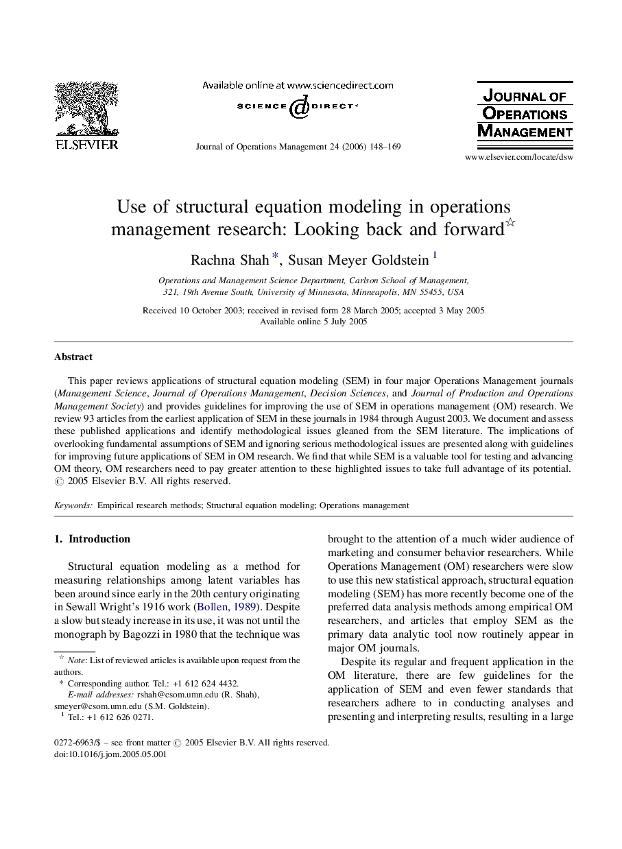 Use of structural equation modeling in operations management research: Looking back and forward 