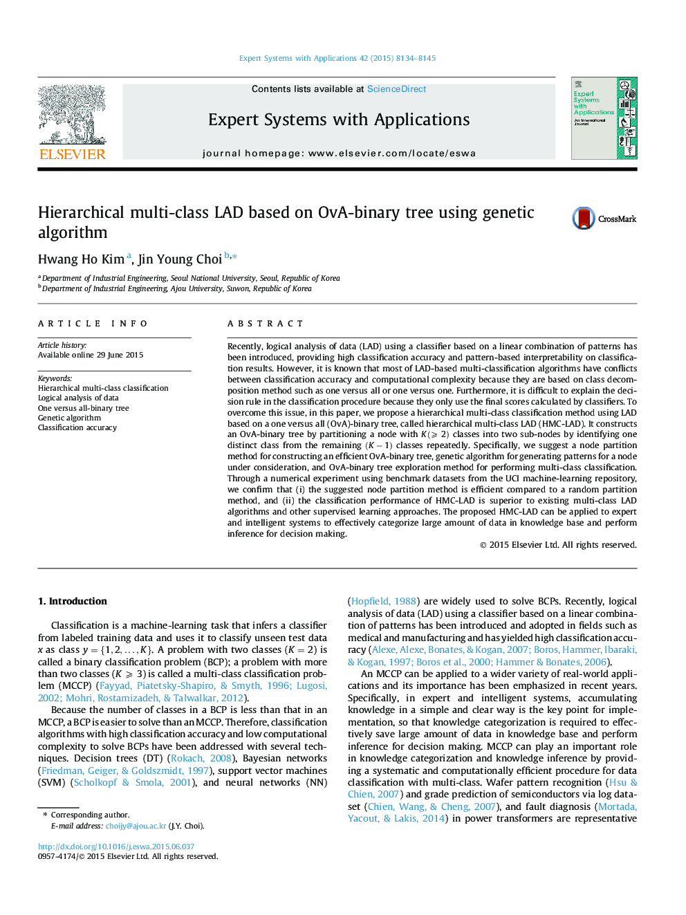 Hierarchical multi-class LAD based on OvA-binary tree using genetic algorithm