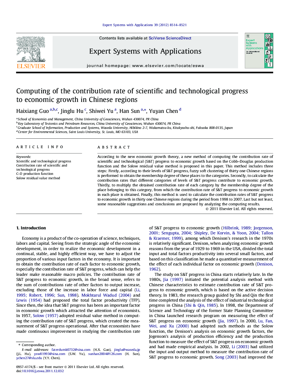 Computing of the contribution rate of scientific and technological progress to economic growth in Chinese regions