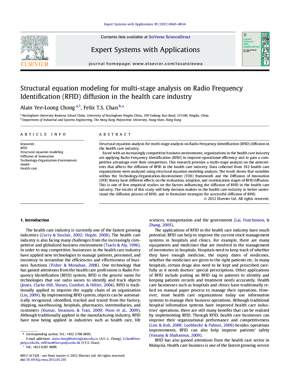 Structural equation modeling for multi-stage analysis on Radio Frequency Identification (RFID) diffusion in the health care industry