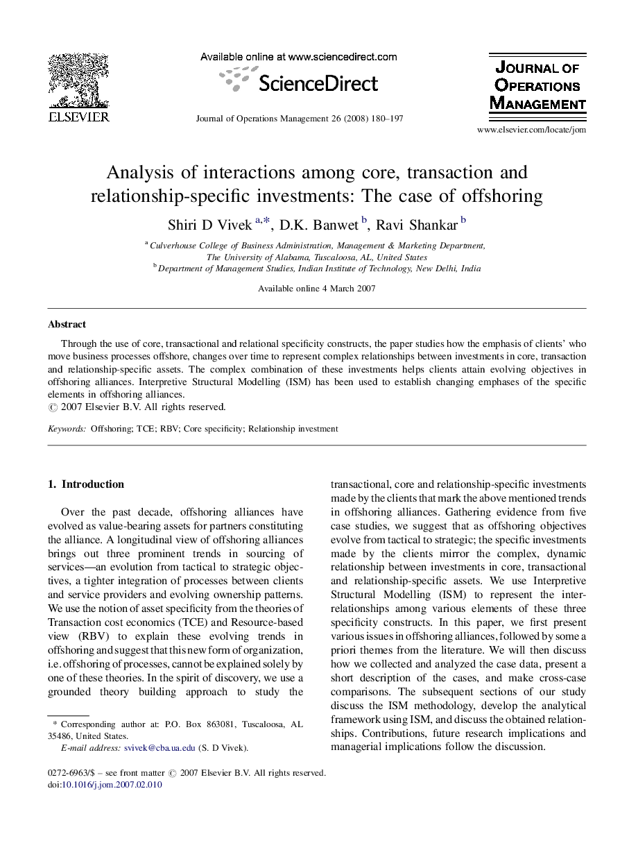 Analysis of interactions among core, transaction and relationship-specific investments: The case of offshoring