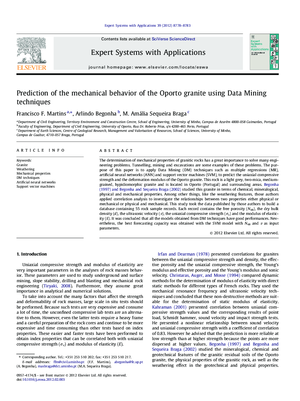 Prediction of the mechanical behavior of the Oporto granite using Data Mining techniques