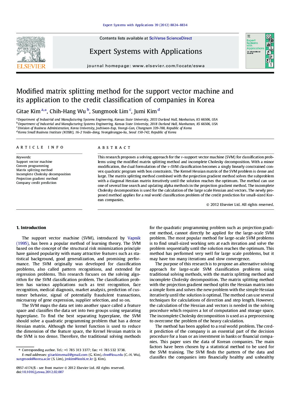 Modified matrix splitting method for the support vector machine and its application to the credit classification of companies in Korea