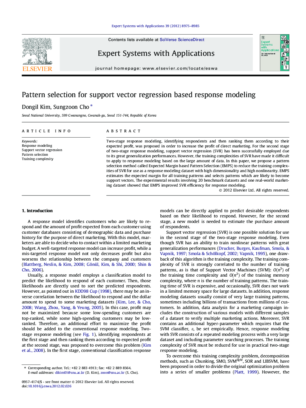 Pattern selection for support vector regression based response modeling