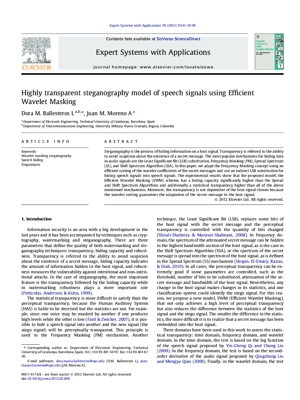 Highly transparent steganography model of speech signals using Efficient Wavelet Masking