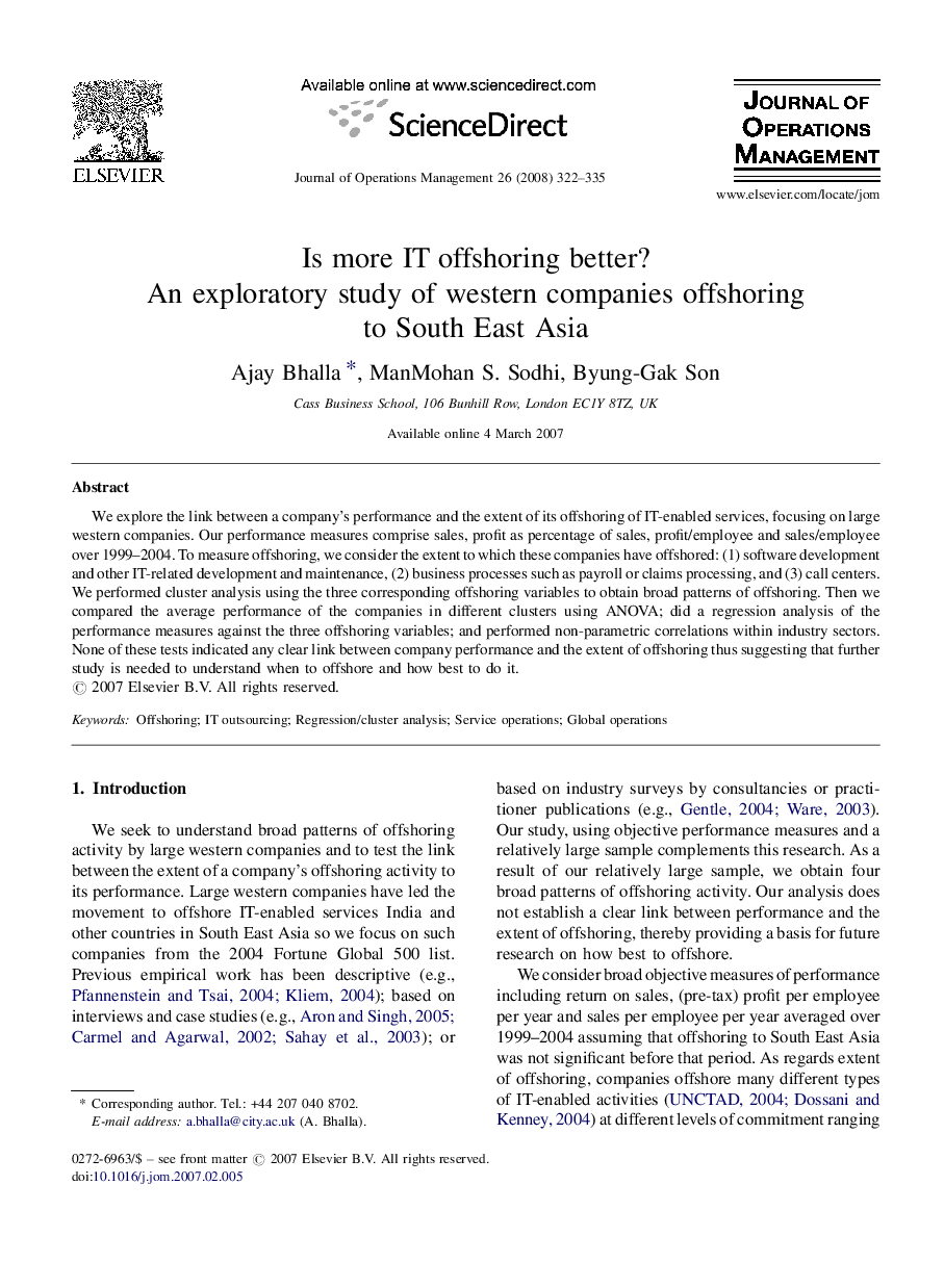 Is more IT offshoring better?: An exploratory study of western companies offshoring to South East Asia