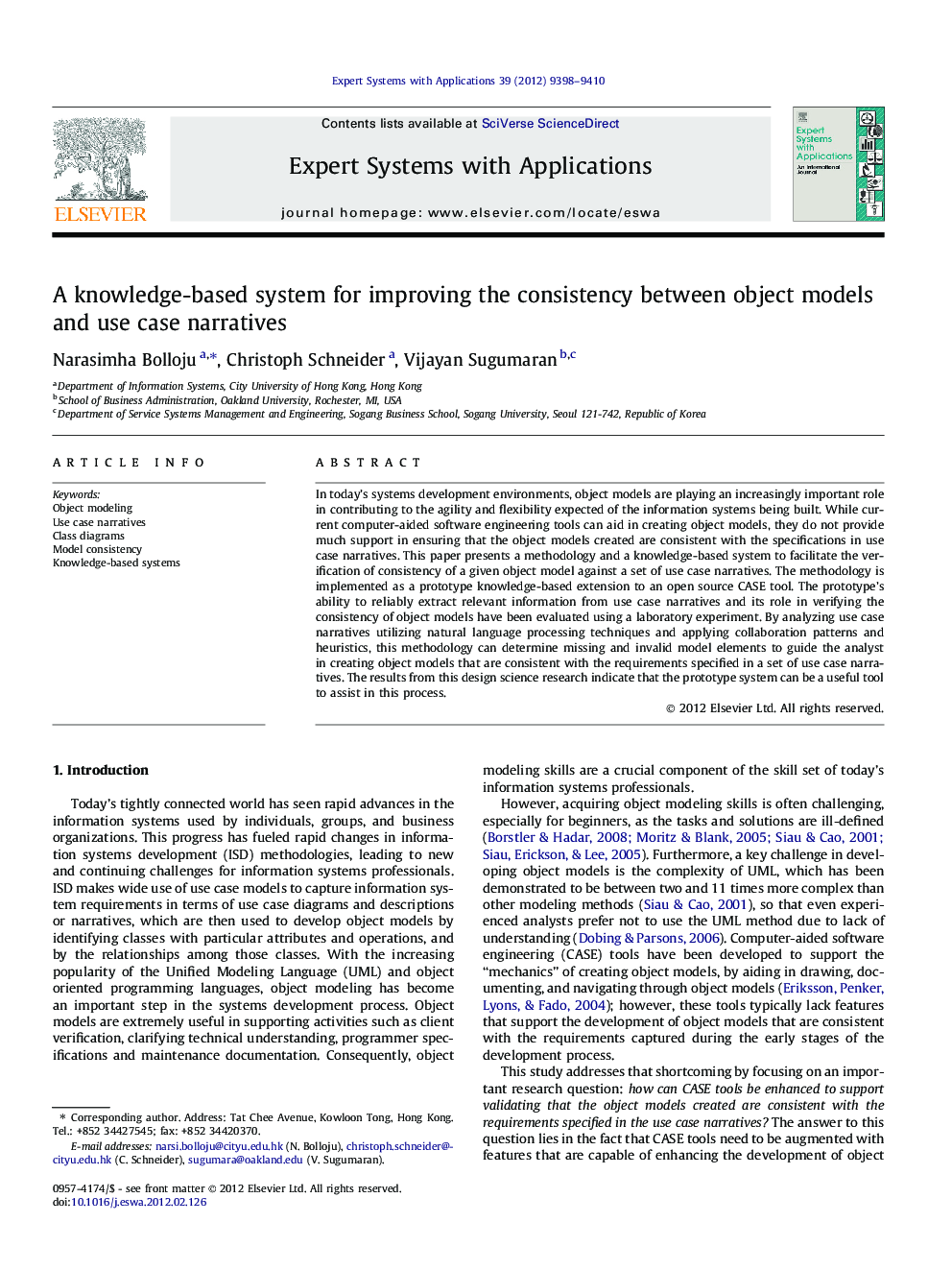 A knowledge-based system for improving the consistency between object models and use case narratives