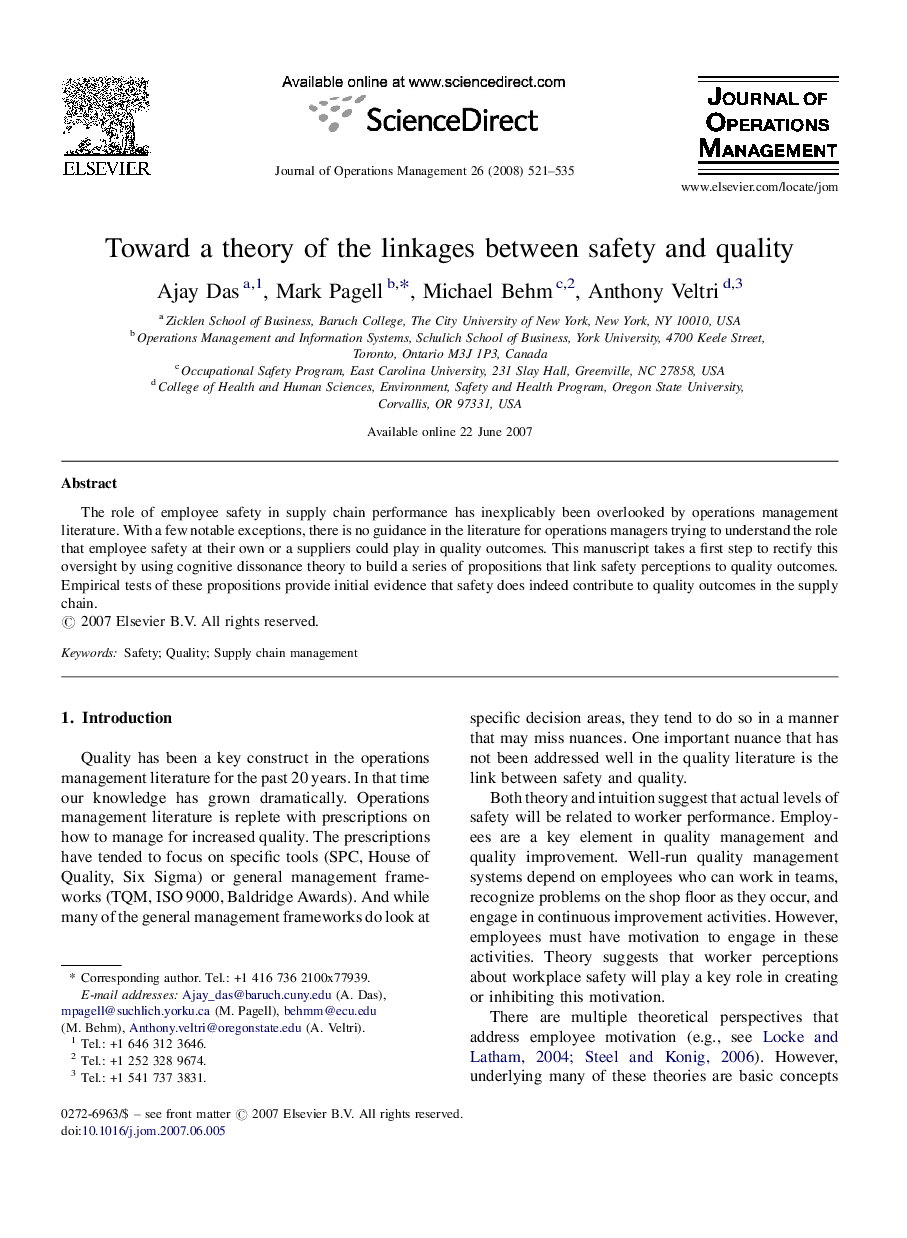 Toward a theory of the linkages between safety and quality