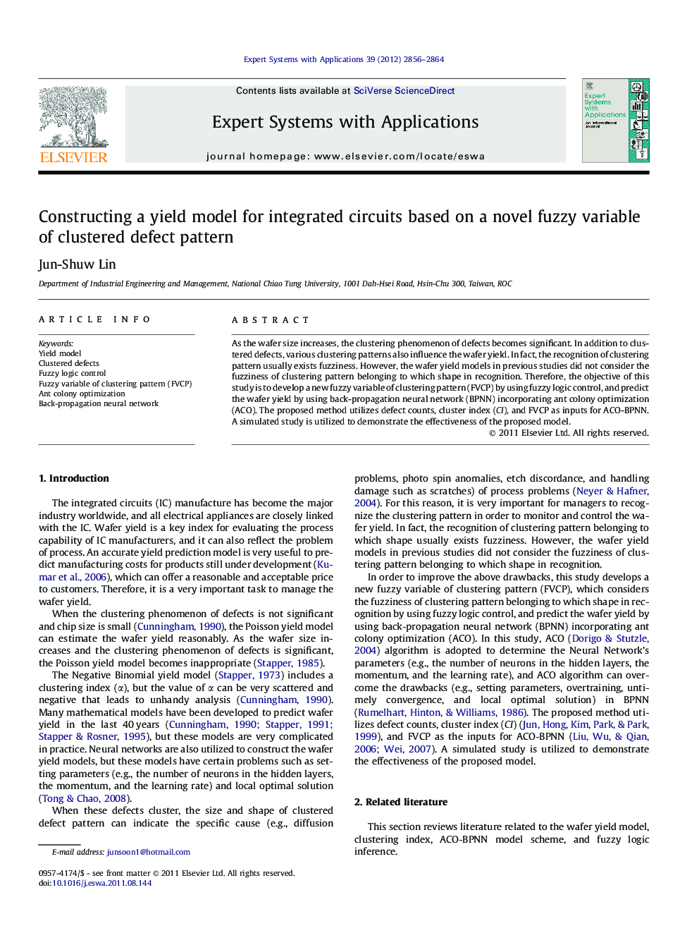 عکس صفحه اول مقاله: Constructing a yield model for integrated circuits based on a novel fuzzy variable of clustered defect pattern Constructing a yield model for integrated circuits based on a novel fuzzy variable of clustered defect pattern