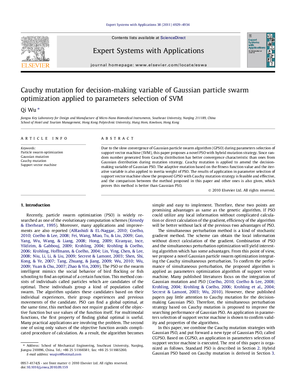 Cauchy mutation for decision-making variable of Gaussian particle swarm optimization applied to parameters selection of SVM