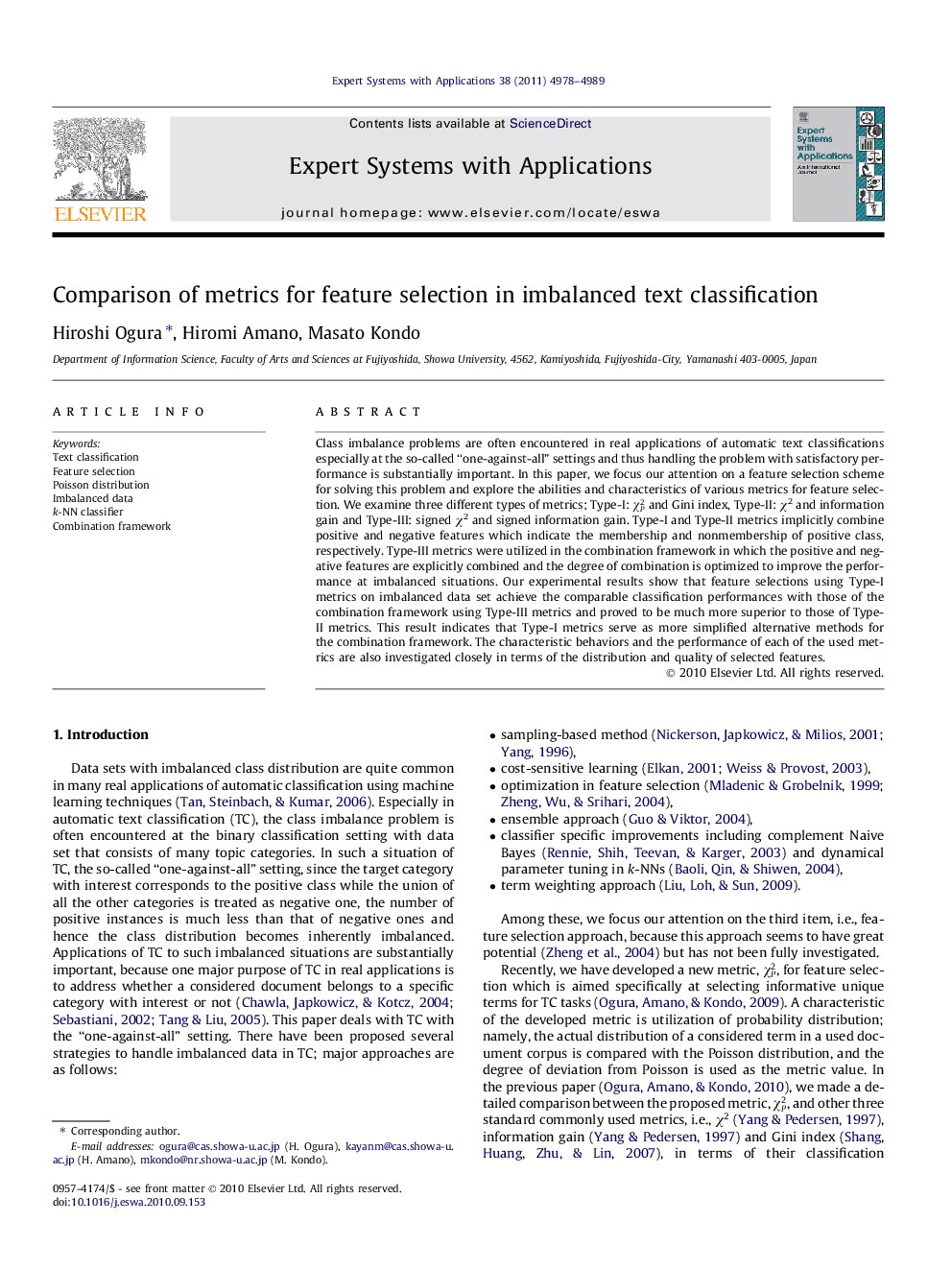 Comparison of metrics for feature selection in imbalanced text classification