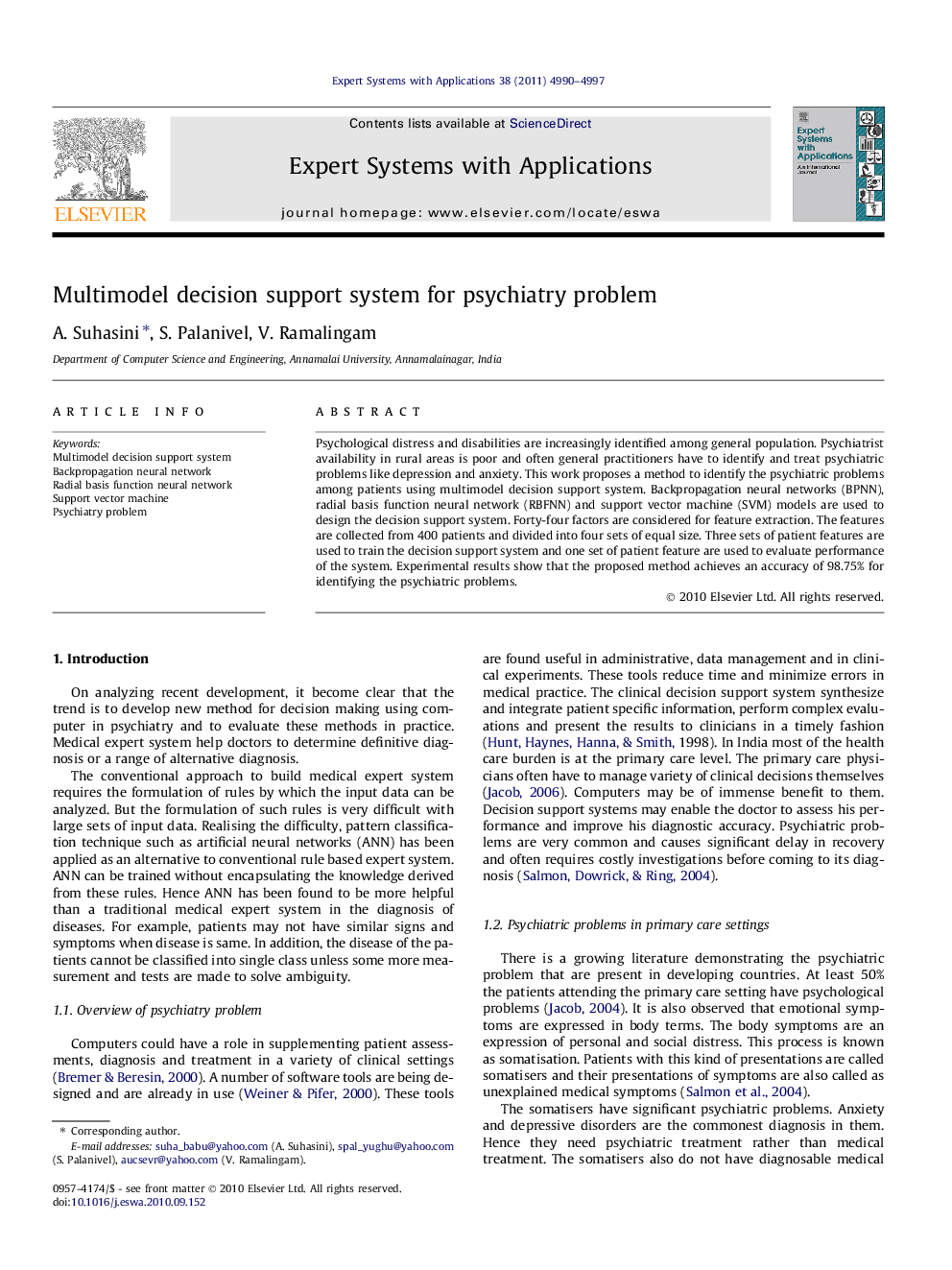 Multimodel decision support system for psychiatry problem