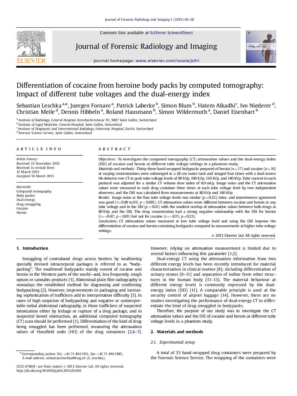 Differentiation of cocaine from heroine body packs by computed tomography: Impact of different tube voltages and the dual-energy index