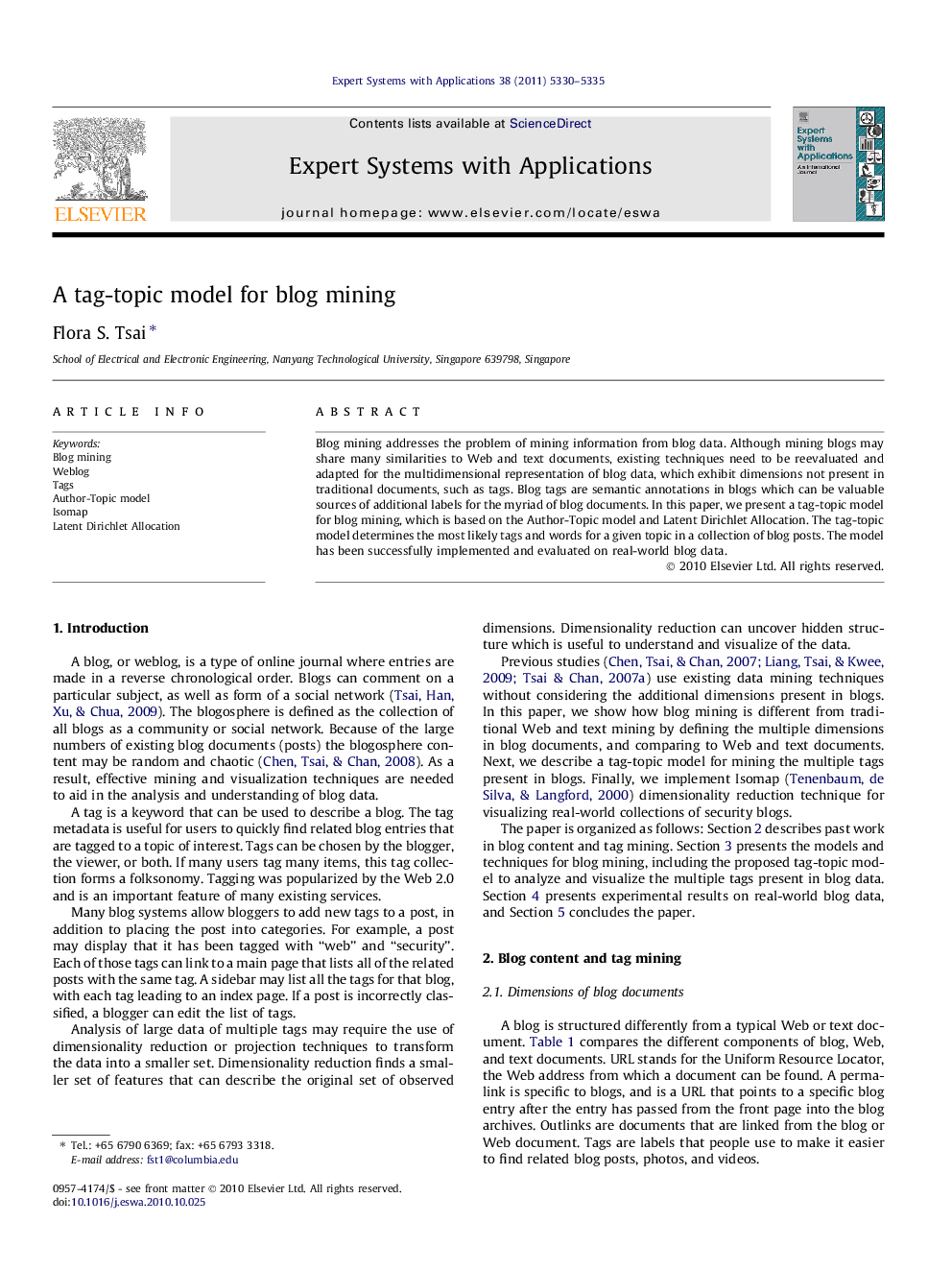 عکس صفحه اول مقاله: A tag-topic model for blog mining A tag-topic model for blog mining