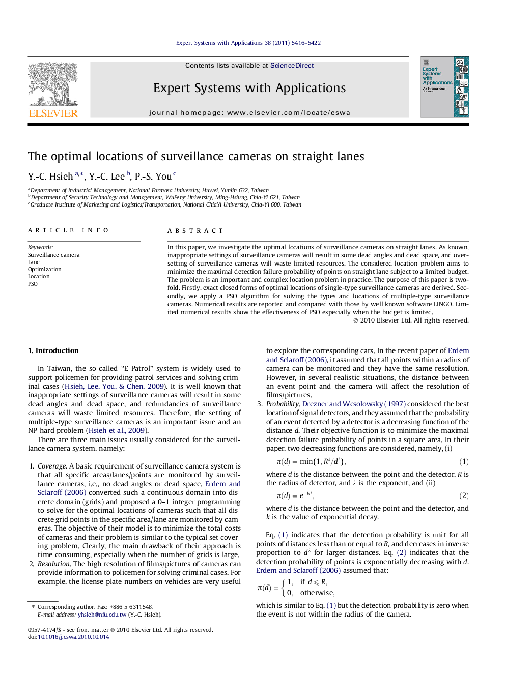 The optimal locations of surveillance cameras on straight lanes