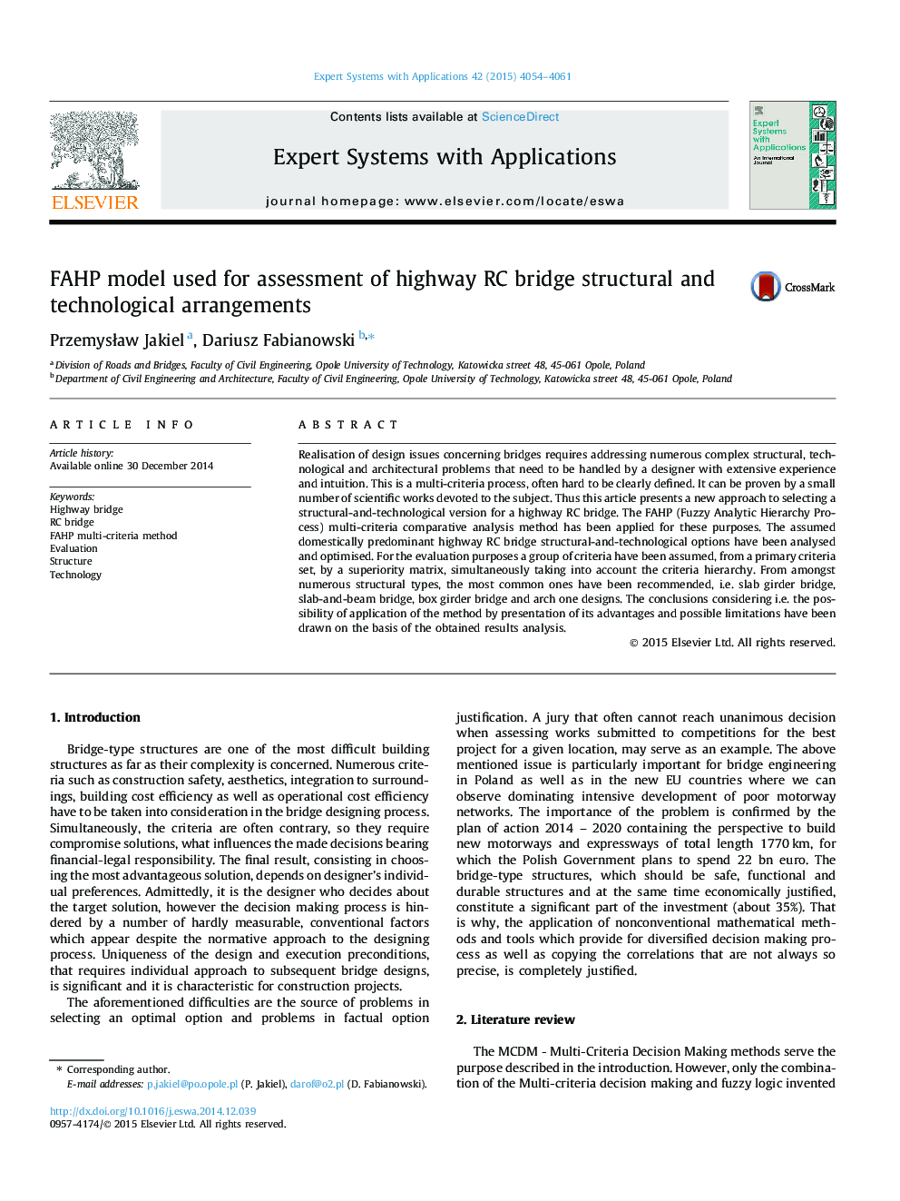 FAHP model used for assessment of highway RC bridge structural and technological arrangements