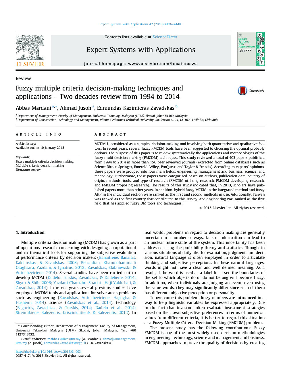 تکنیک ها و برنامه های کاربردی تصمیم گیری فازی چندگانه - بررسی دو دهه از 1994 تا 2014 