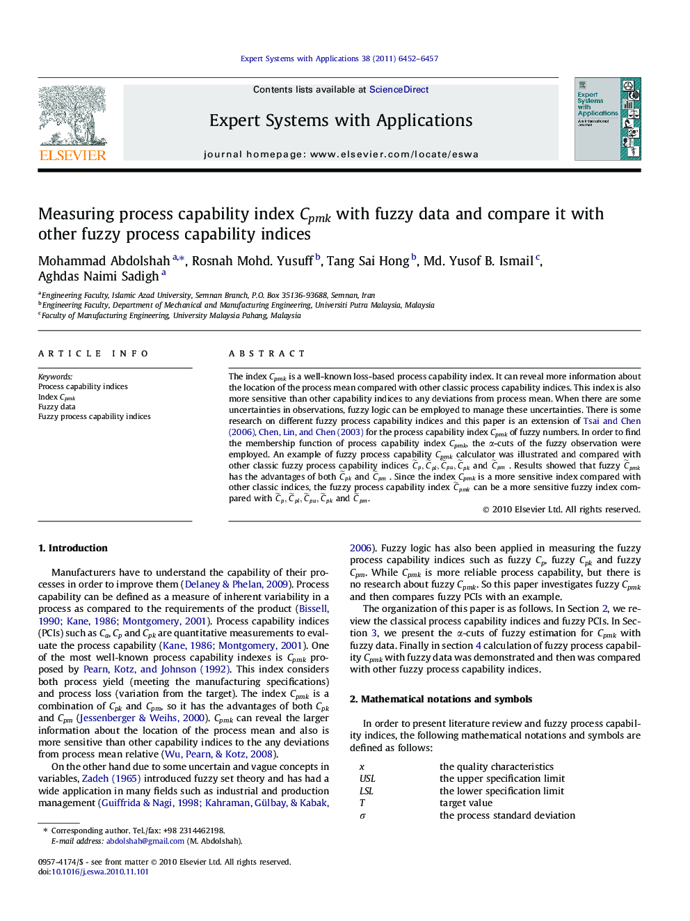 Measuring process capability index Cpmk with fuzzy data and compare it with other fuzzy process capability indices