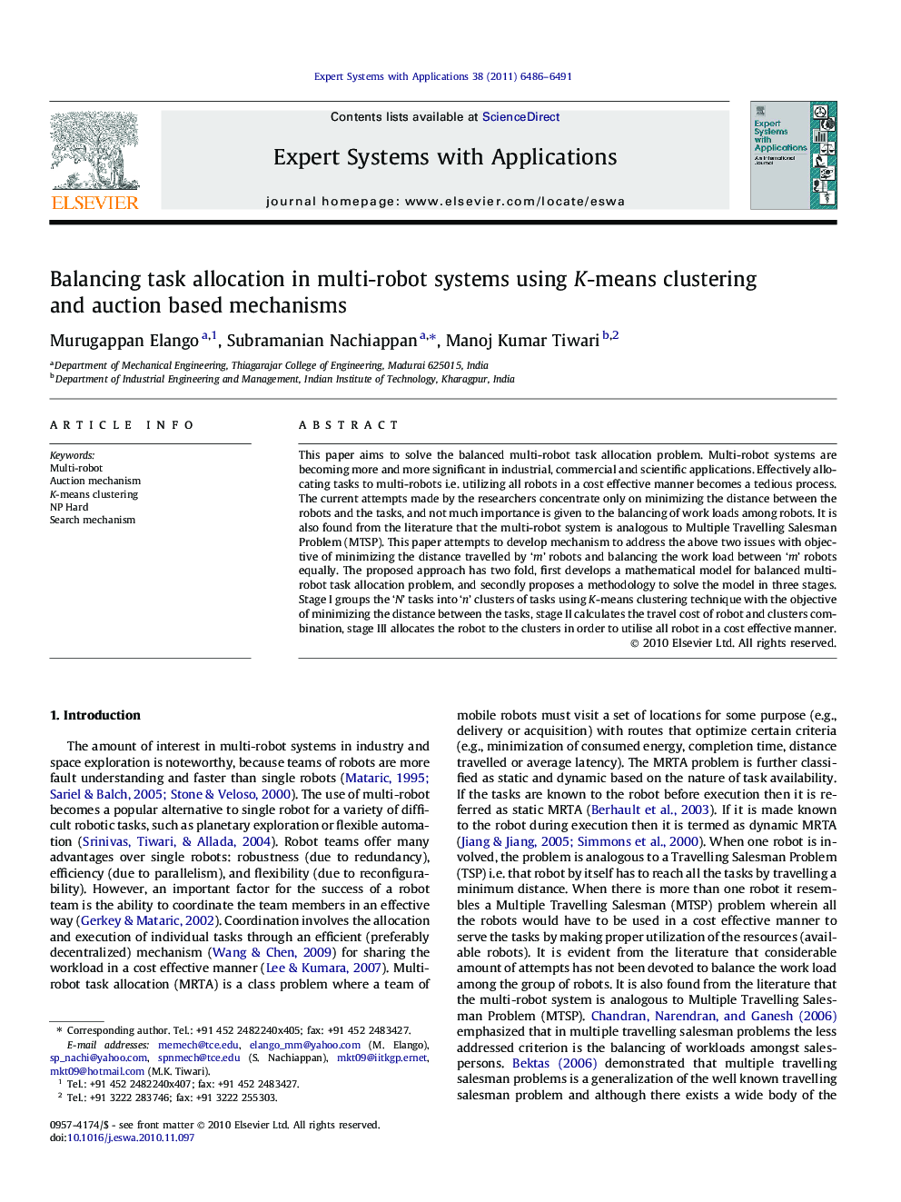 Balancing task allocation in multi-robot systems using K-means clustering and auction based mechanisms
