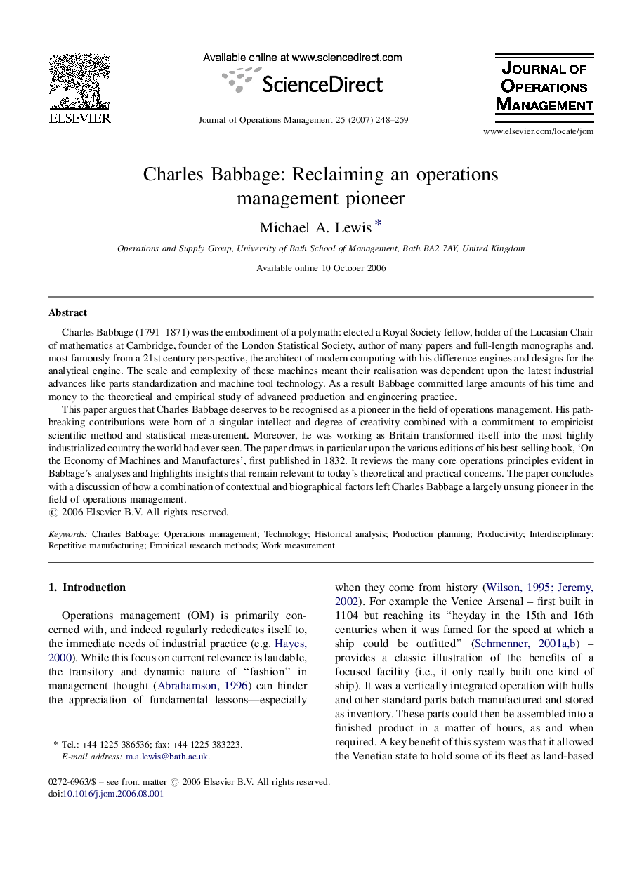 Charles Babbage: Reclaiming an operations management pioneer