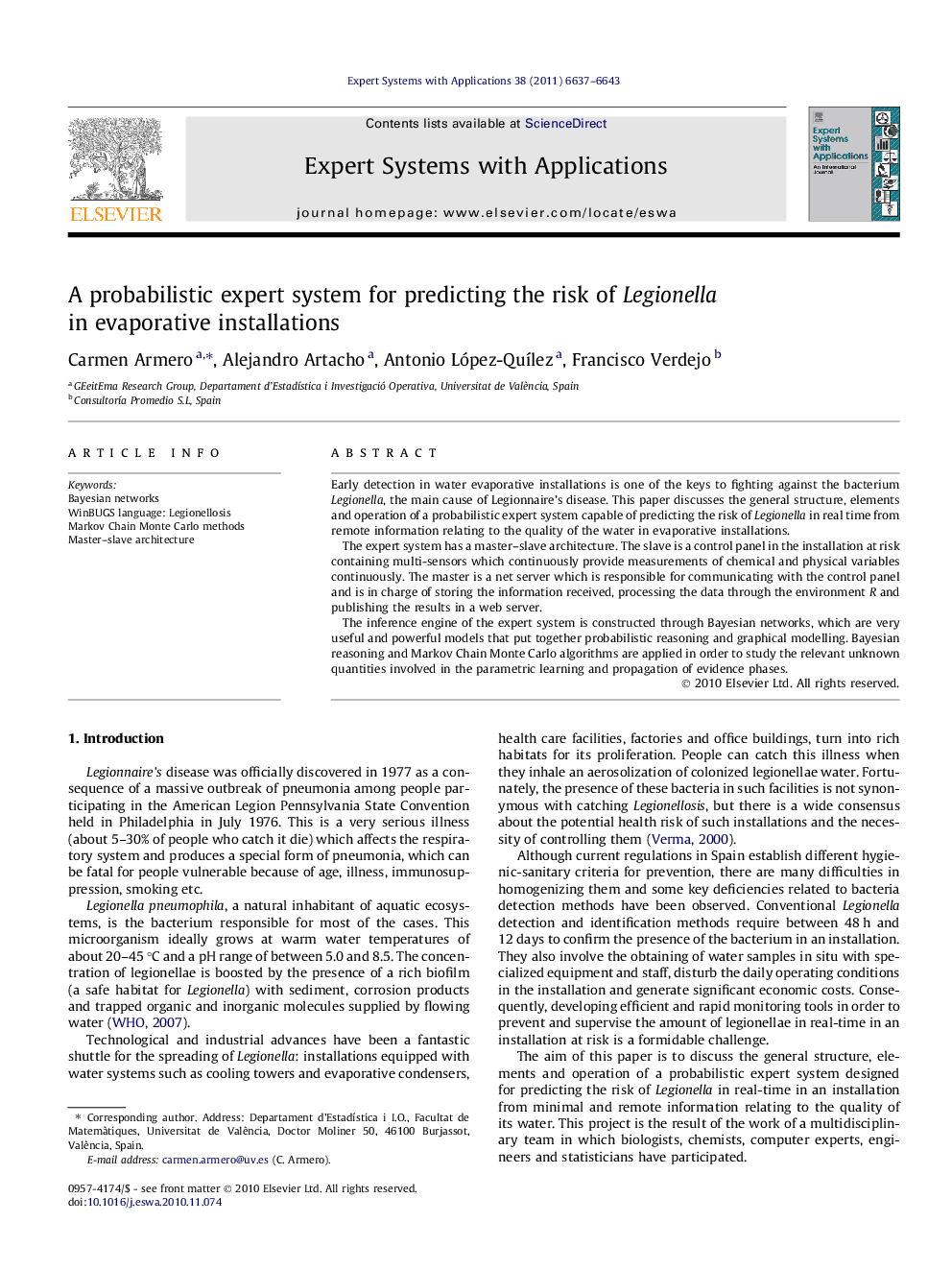 A probabilistic expert system for predicting the risk of Legionella in evaporative installations