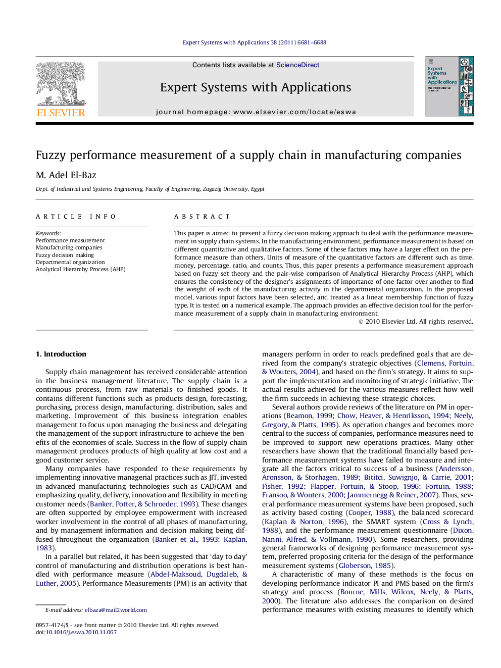 Fuzzy performance measurement of a supply chain in manufacturing companies