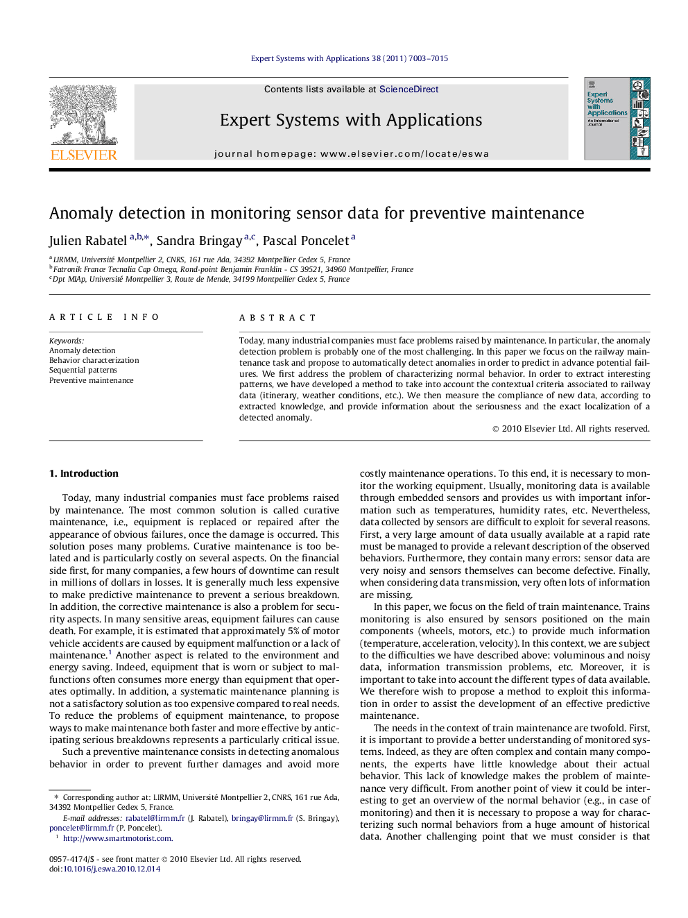 Anomaly detection in monitoring sensor data for preventive maintenance