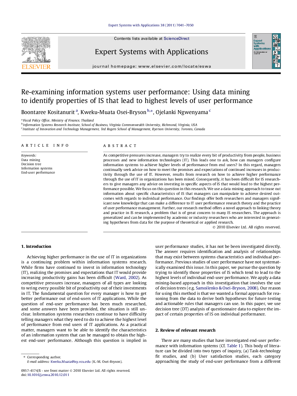 Re-examining information systems user performance: Using data mining to identify properties of IS that lead to highest levels of user performance